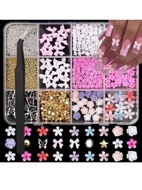 12 Styles Flower Nail Charms 3D
